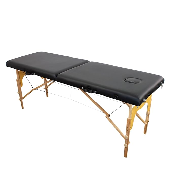 Massage Table, Foldable, Massage Bed, Wood and Leatherette, Carrying Case, European Brand, 2 Section, Physiotherapy Folding Table, Adjustable Height, 180x60 cm, Portable (Black)