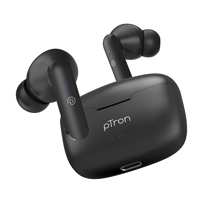pTron Basspods P81 in-Ear Wireless Earbuds, Pristine Sound, 32Hrs Playtime, Clear Calls TWS Earbuds, Bluetooth V5.1 Headphone, Type-C Fast Charging, Voice Assist & IPX4 Water Resistant (Black)