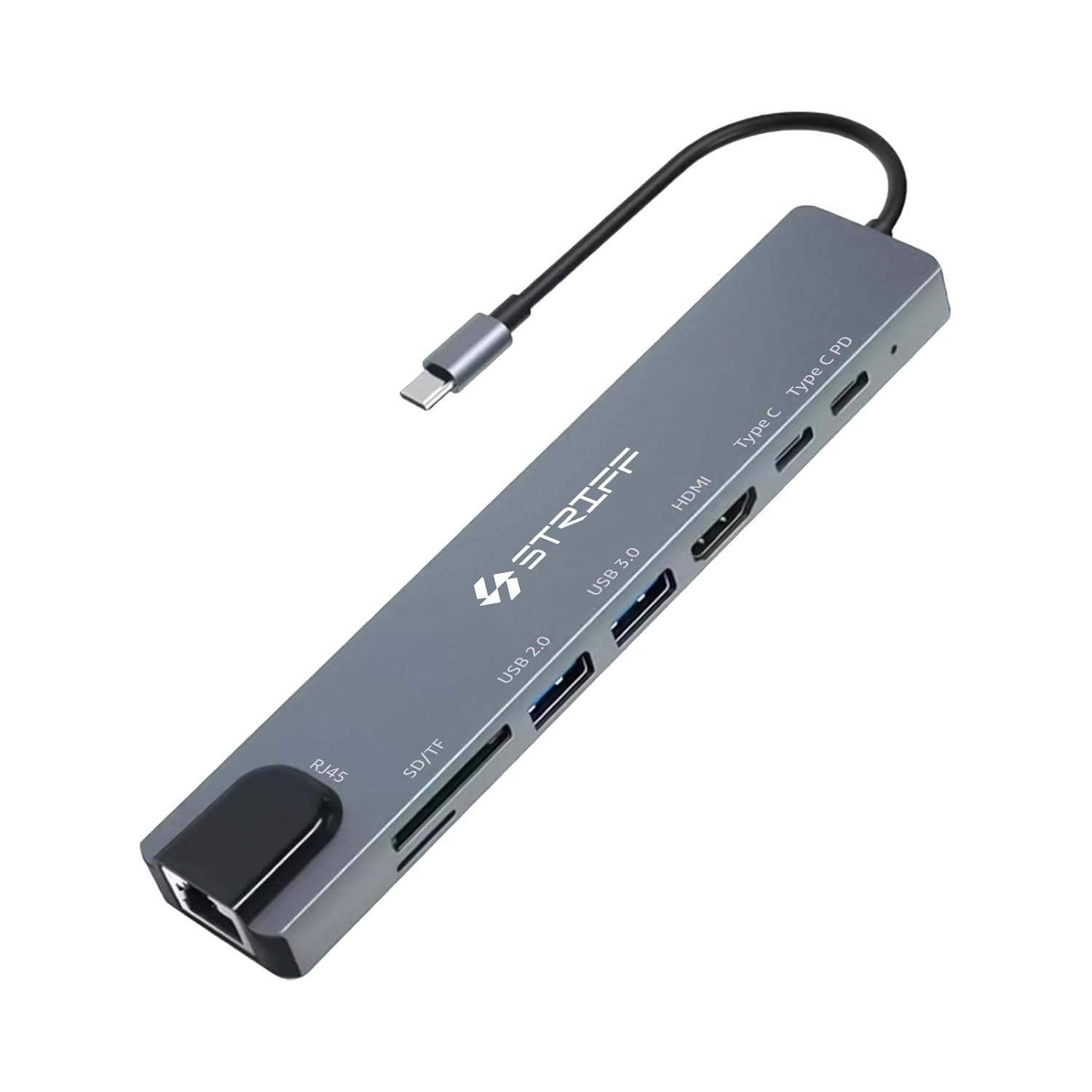 STRIFF USB Type-C Hub Dock, 8-in-1 HDCP Aluminium Adapter with 4K HDMI & Ethernet Port,100mbps, Power Delivery, TF/SD Card Reader, Mac & Windows USB-C & 3.0 Devices