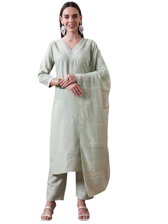 Fashion Basket Pista Polyester Kurta Set with Duptta for Women