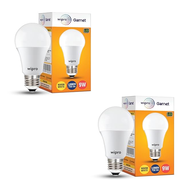wipro Garnet 9W LED Bulb for Home & Office |Warm White (2700K) | E27 Base|220 Degree Light Coverage |4Kv Surge Protection |400V High Voltage Protection |Energy Efficient | Pack of 2