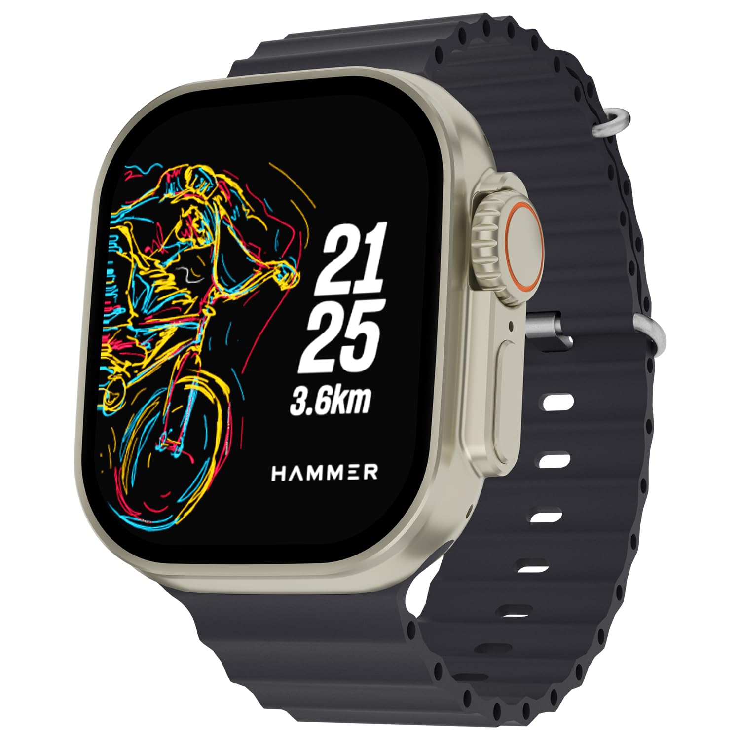 HAMMER Active 2.0 Plus 2.1" HD Display Smart Watch with Gesture Control, Bluetooth Calling, DIY Watch Face Studio, Sports Modes, Functional Crown, Dynamic Island Notification, Menstrual Cycle