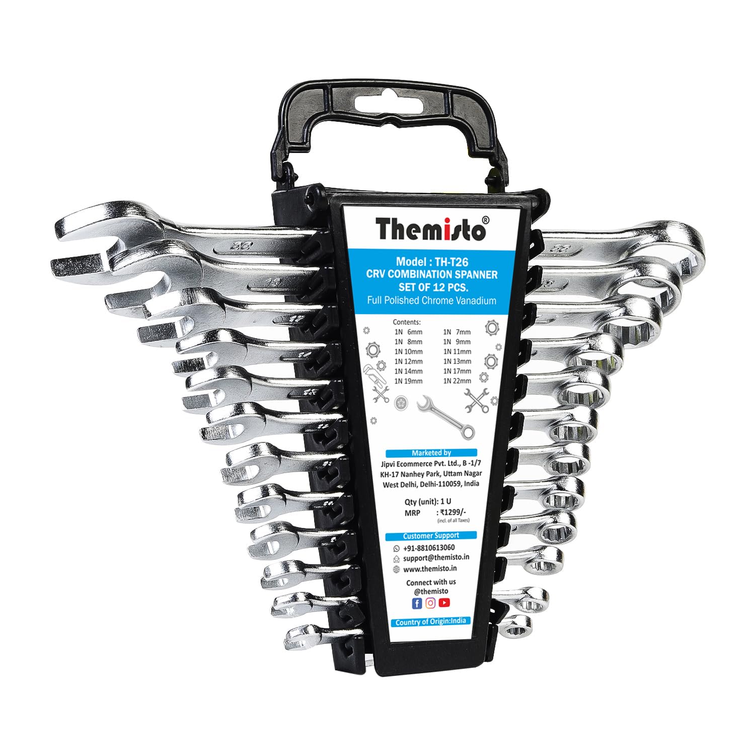 THEMISTO TH-T26 12 Pcs Combination Spanner Set | Open Jaw and Ring Spanners | Chrome Plated Durable Steel Wrench Tool Kit