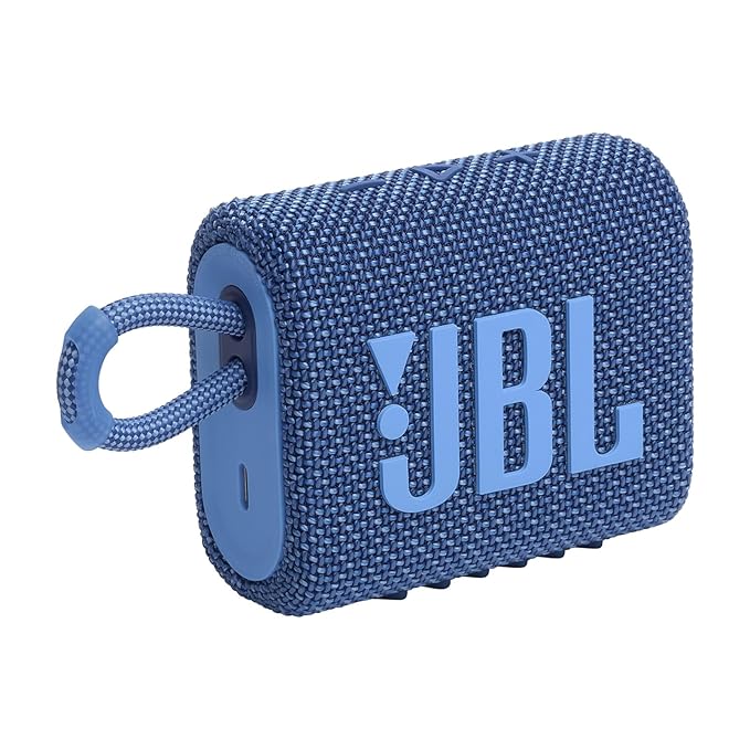 JBL Go 3 Eco with eco-Friendly Recycled Materials and Packaging, Wireless Portable Bluetooth Speaker, Pro Sound, Vibrant Colors with Rugged Fabric Design, Waterproof, Type C (Without Mic, Blue)