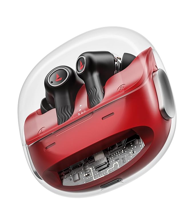 boAt Nirvana Crystl (2025 Launch), Transparent Case,Spatial Audio, ANC(~32dB), 100Hrs Battery,4Mics ENx,App Support, Bluetooth Earbuds, TWS Ear Buds Wireless Earphones with mic (Blazing Red)